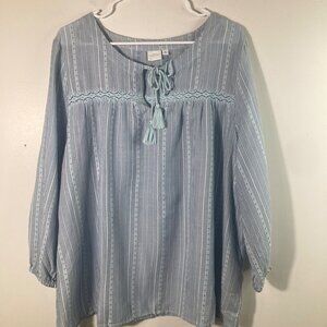 Womens New Directions Boho Striped Tunic Tie Neck Long Sleeve XL Blue Cotton Lyo